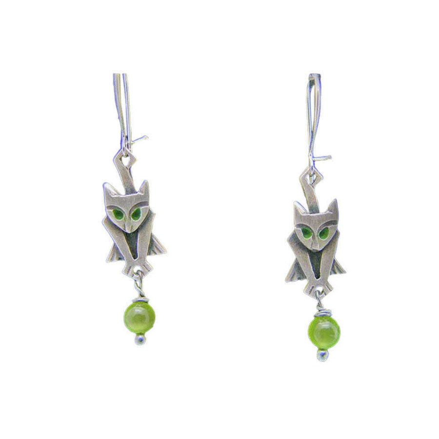 Chickenscratch Kitty Earrings — cast sterling silver cat charm earrings with enamel painted eyes and green glass bead dangle, locking sterling silver kidney wires