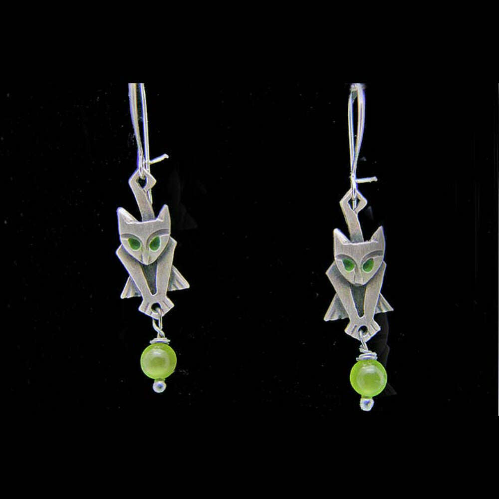 Chickenscratch Kitty Earrings detail — artisan sterling silver cat earrings with glass bead, handmade in USA