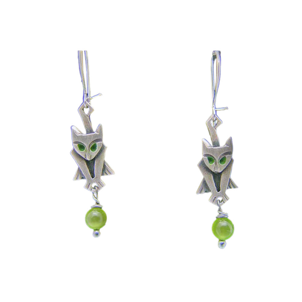 Chickenscratch Kitty Earrings — cast sterling silver cat charm earrings with enamel painted eyes and green glass bead dangle, locking sterling silver kidney wires