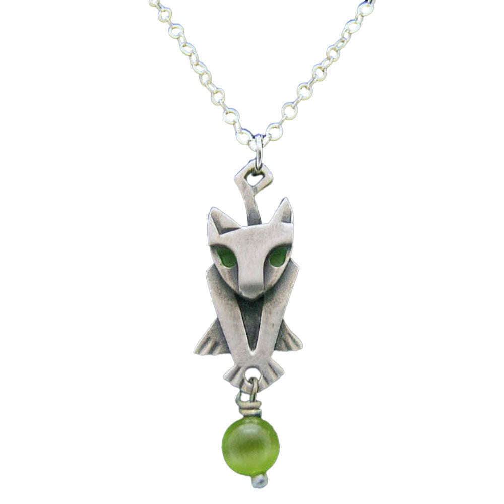 Chickenscratch Kitty Necklace — cast sterling silver cat charm necklace with green enamel accents and green glass bead dangle on 18-inch sterling silver chain