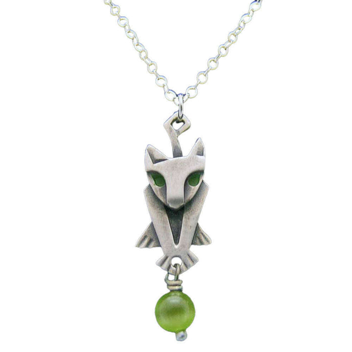 Chickenscratch Kitty Necklace — cast sterling silver cat charm necklace with green enamel accents and green glass bead dangle on 18-inch sterling silver chain