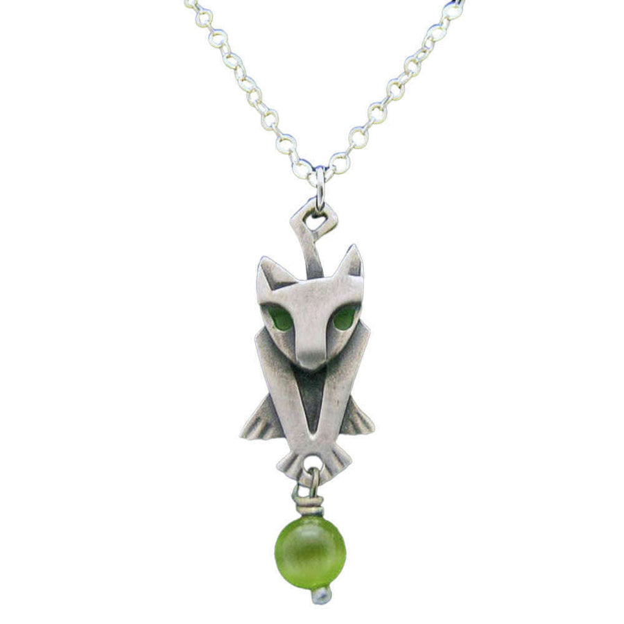 Chickenscratch Kitty Necklace — cast sterling silver cat charm necklace with green enamel accents and green glass bead dangle on 18-inch sterling silver chain