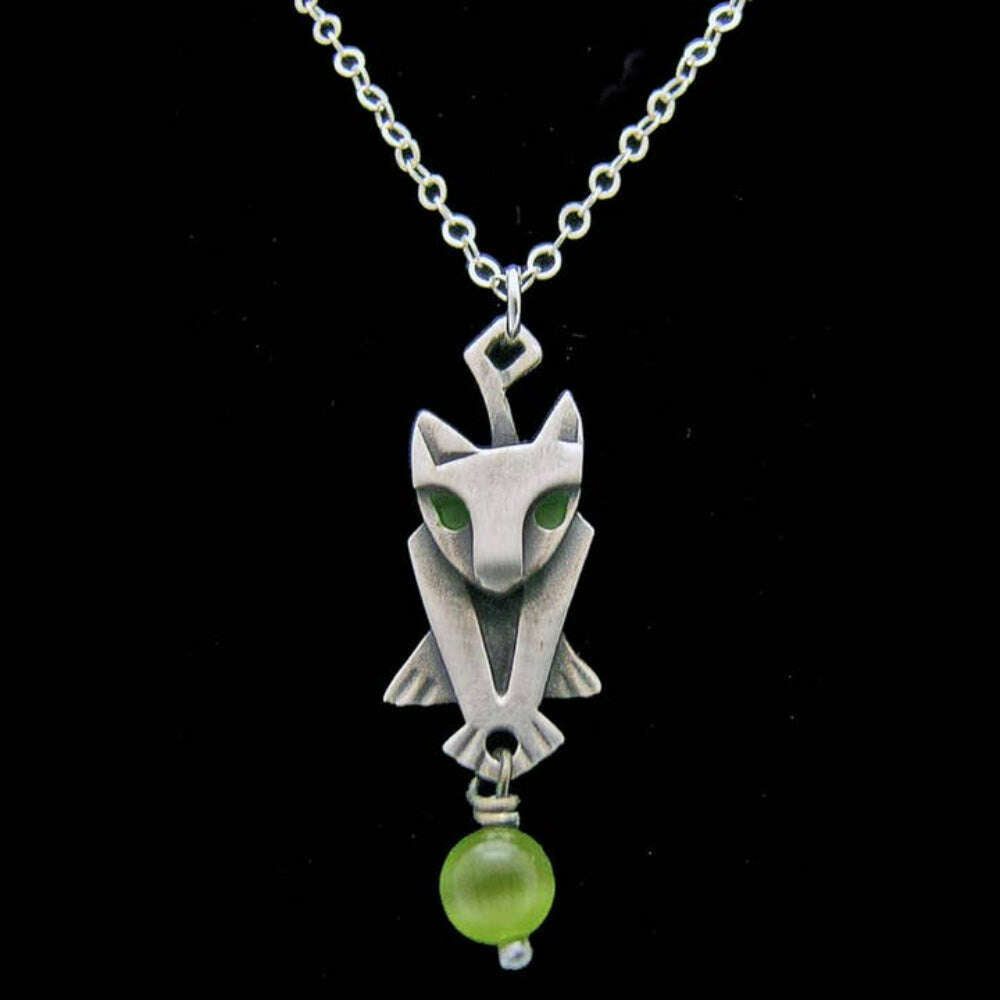 Chickenscratch Kitty Necklace detail — artisan sterling silver cat pendant with glass bead handmade in USA