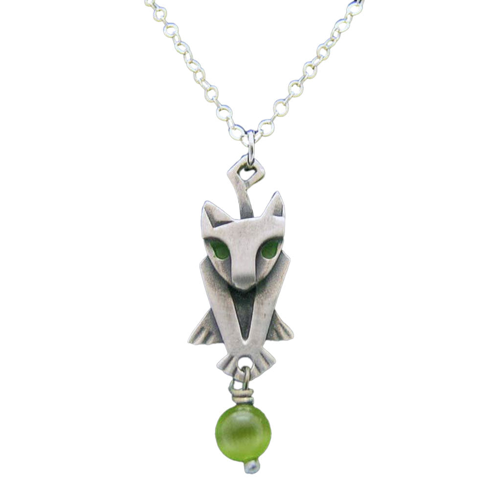 Chickenscratch Kitty Necklace — cast sterling silver cat charm necklace with green enamel accents and green glass bead dangle on 18-inch sterling silver chain