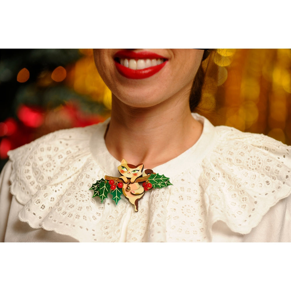 Kitty on A Holly Branch Brooch by Laliblue 1