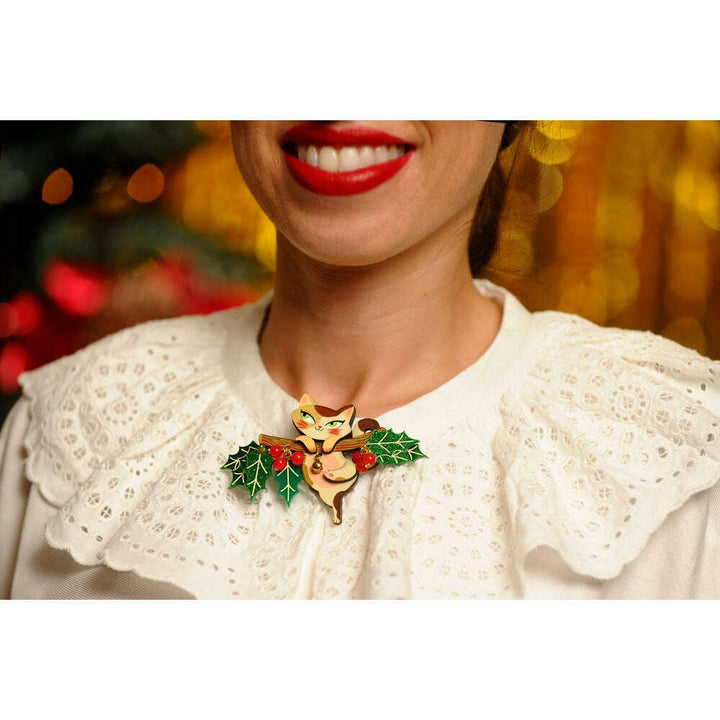 Kitty on A Holly Branch Brooch by Laliblue – view 2