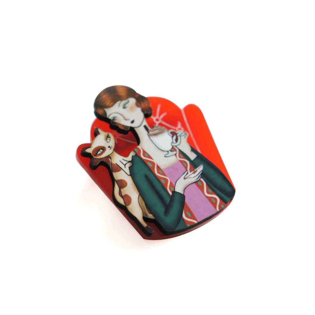 Girl and Cat with Eggnog Brooch