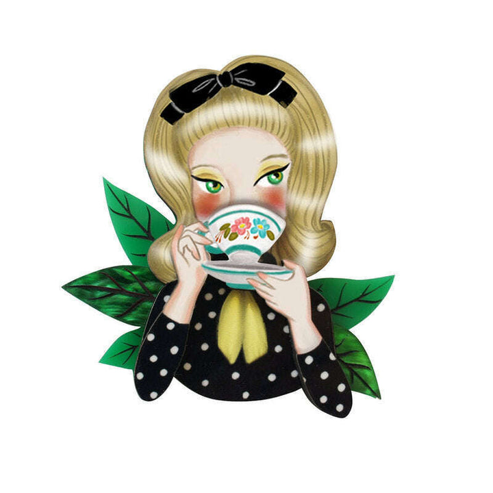 Girl Drinking Tea Brooch by Laliblue