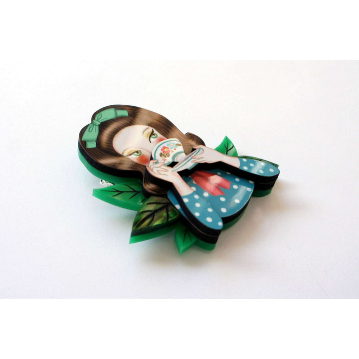 Girl Drinking Tea Brooch by Laliblue