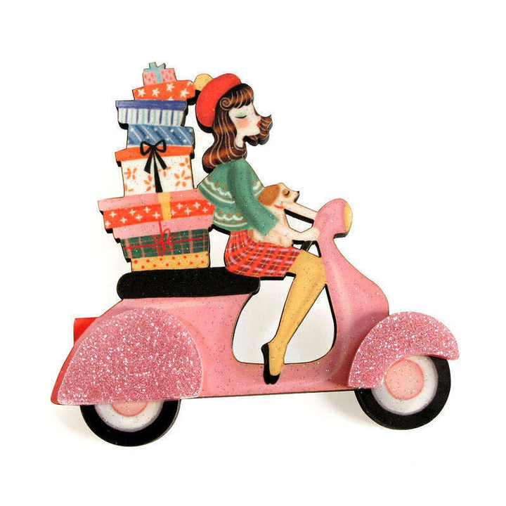 Girl on Scooter with Gifts Brooch by Laliblue