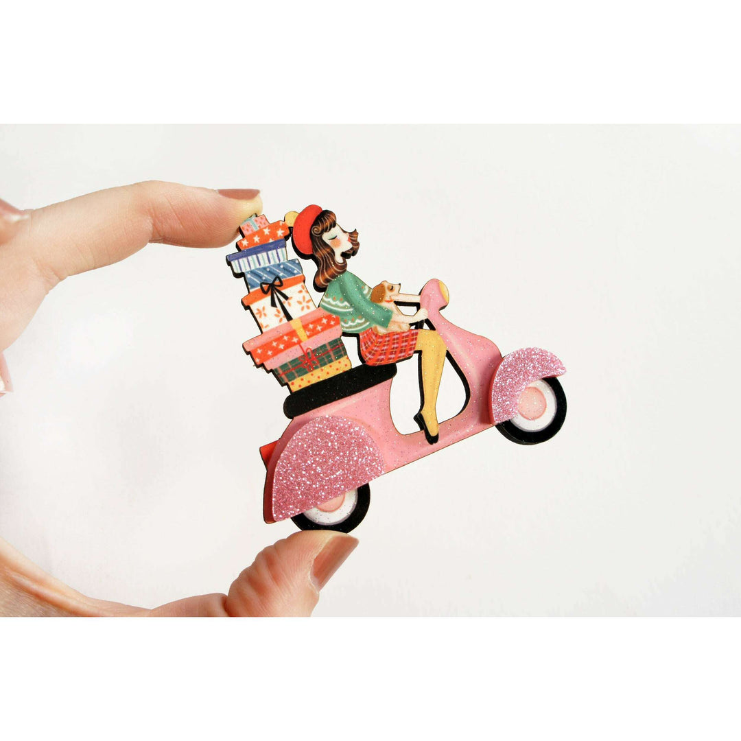 Girl on Scooter with Gifts Brooch by Laliblue