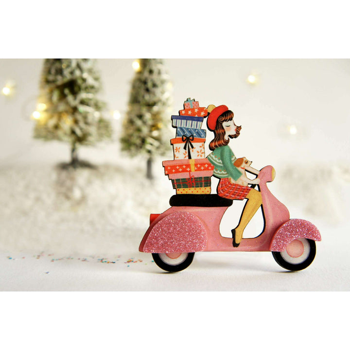 Girl on Scooter with Gifts Brooch by Laliblue