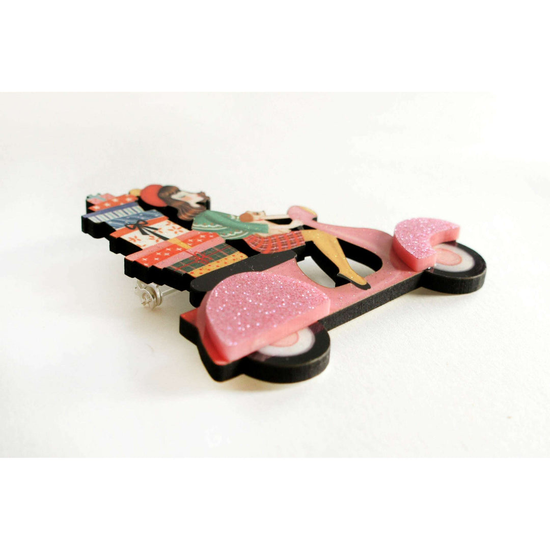 Girl on Scooter with Gifts Brooch by Laliblue