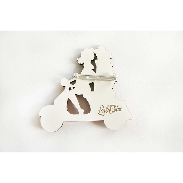 Girl on Scooter with Gifts Brooch by Laliblue