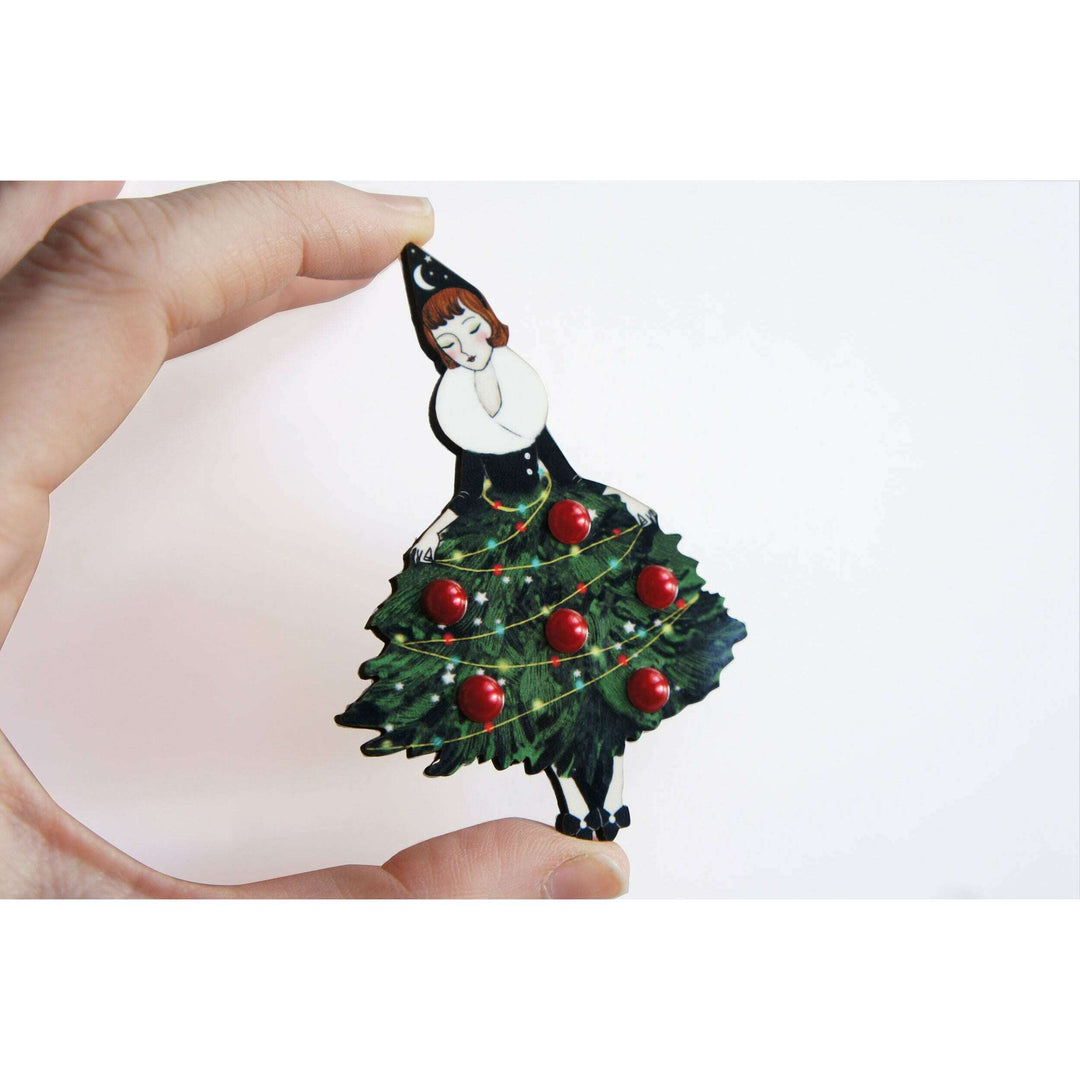 Girl with Christmas Tree Dress Brooch by Laliblue