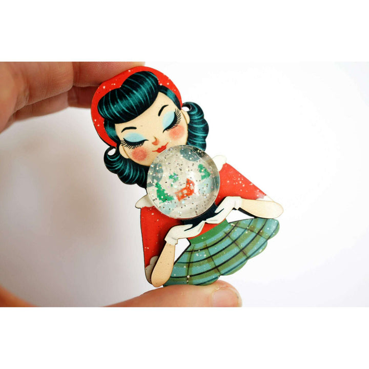 Girl with Snowman Snow Globe Brooch