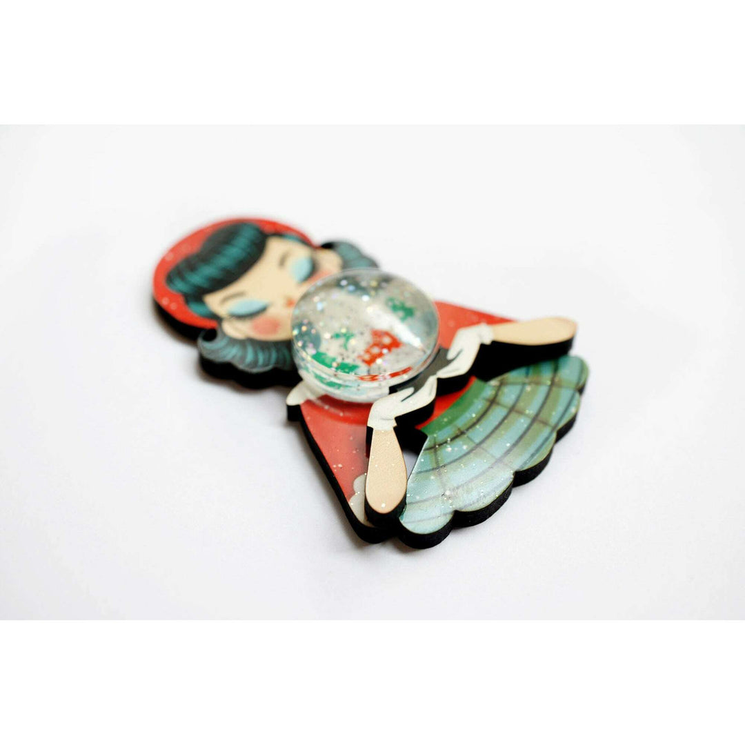 Girl with Snowman Snow Globe Brooch
