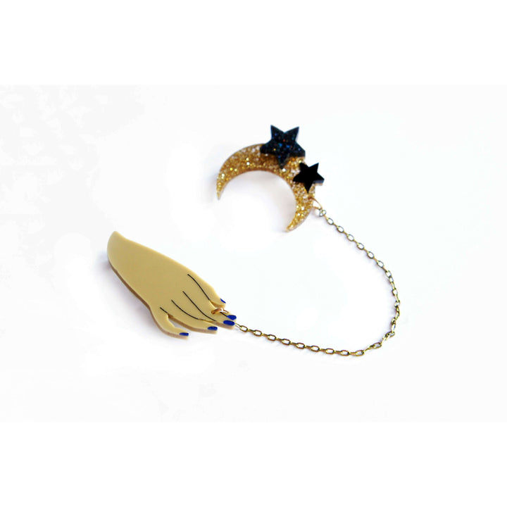Hand and Moon Double brooch by Laliblue