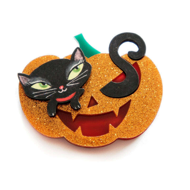 Pumpkin with Black Kitten Brooch by Laliblue