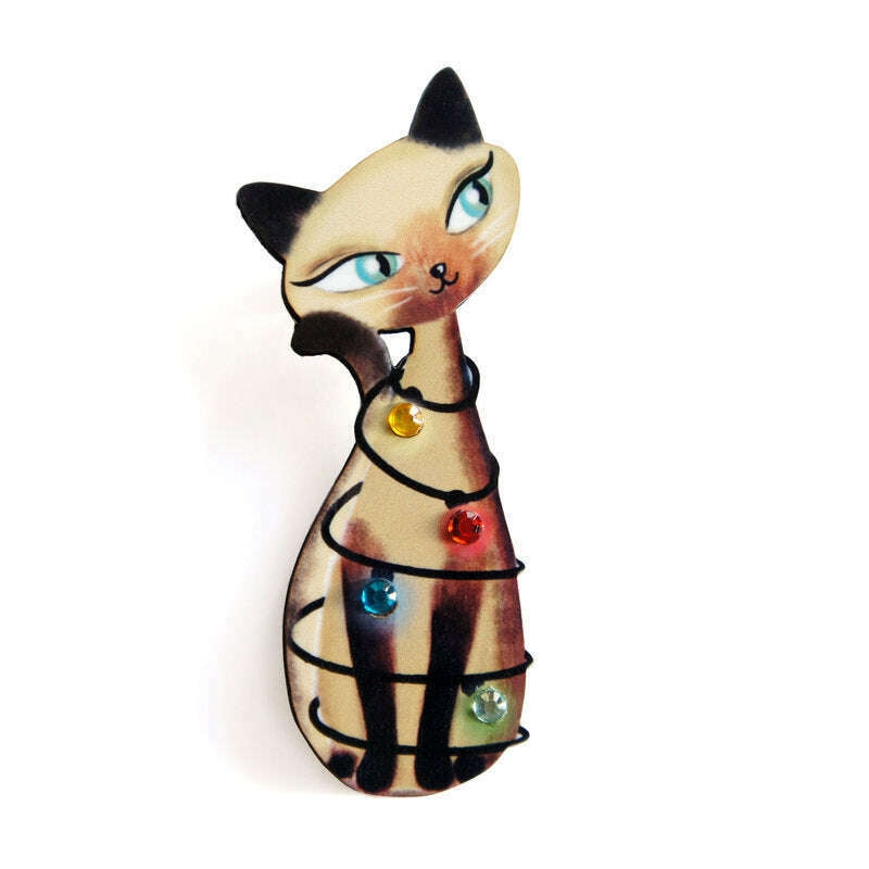 Siamese Cat with Christmas Lights Brooch
