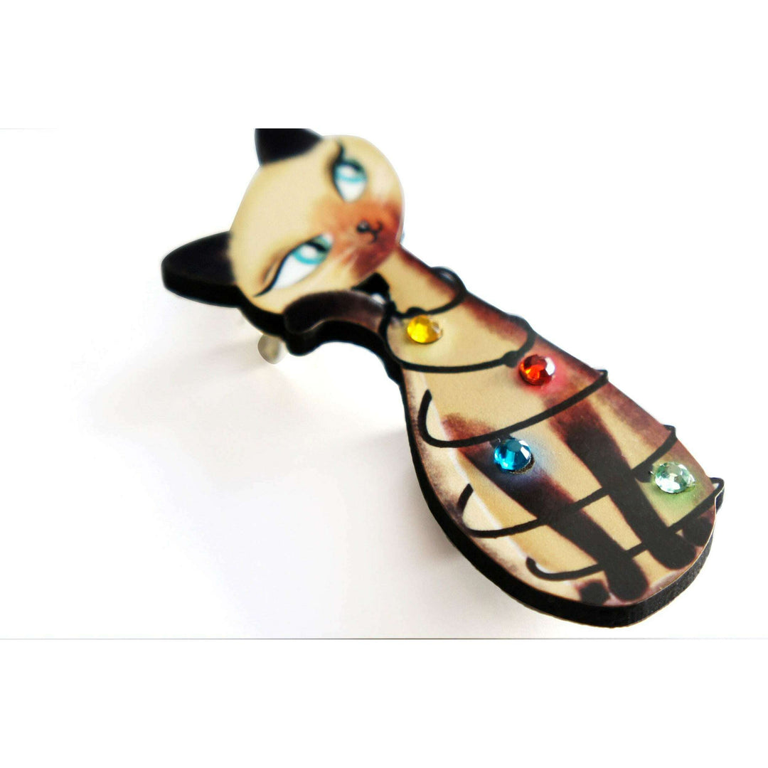 Siamese Cat with Christmas Lights Brooch