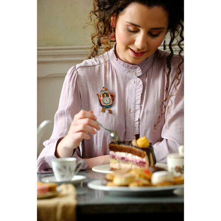 Teapot Clock Brooch by Laliblue