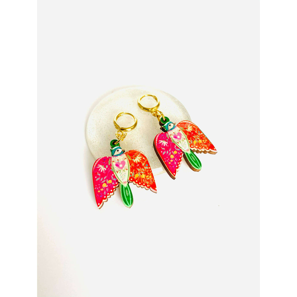 Large Bird Dangle Earrings on Huggie Hoops by Rosie Rose Parker