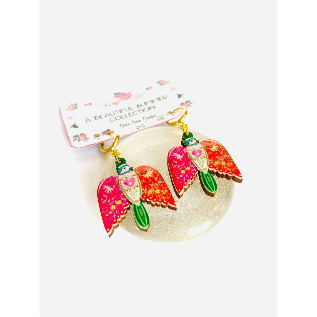 Large Bird Dangle Earrings on Huggie Hoops by Rosie Rose Parker
