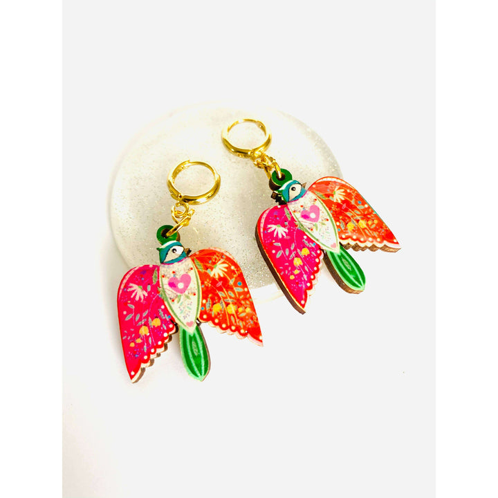 Large Bird Dangle Earrings on Huggie Hoops by Rosie Rose Parker