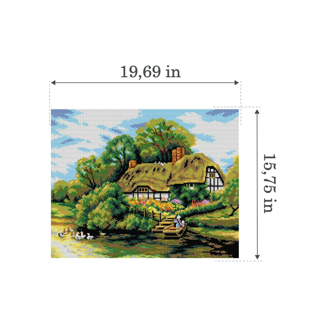 Large Cottage by a River 2704M Needlepoint canvas for halfstitch without yarn