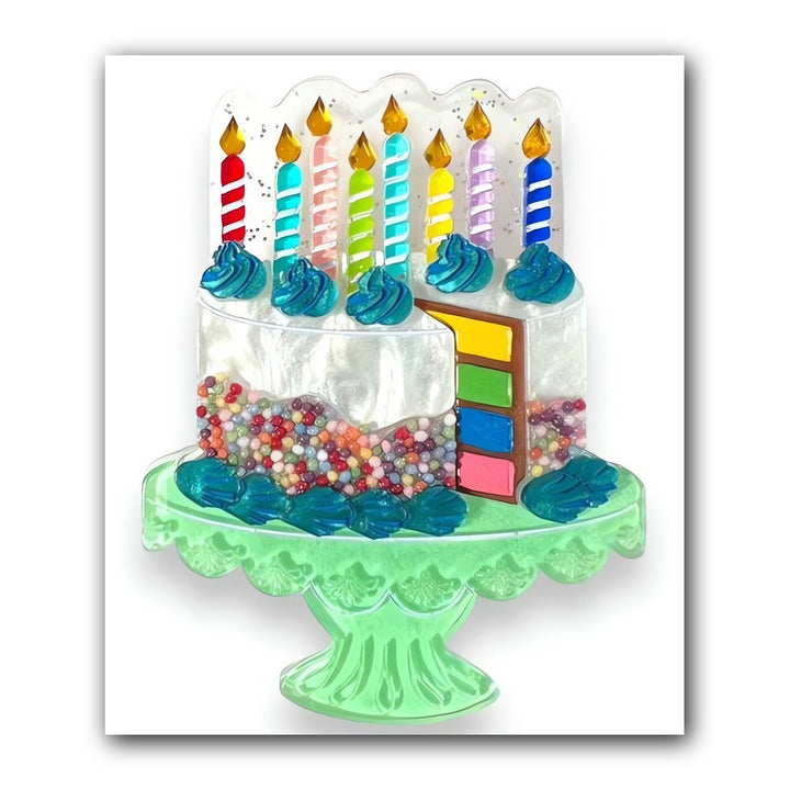 "Slice, Slice Baby" Birthday Cake Brooch by Lipstick & Chrome x Club Eggie — Vintage Birthday Acrylic Pin