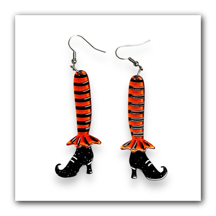Bewitching Booties Orange Earrings by Lipstick & Chrome — Halloween Witch Boot Drop Earrings