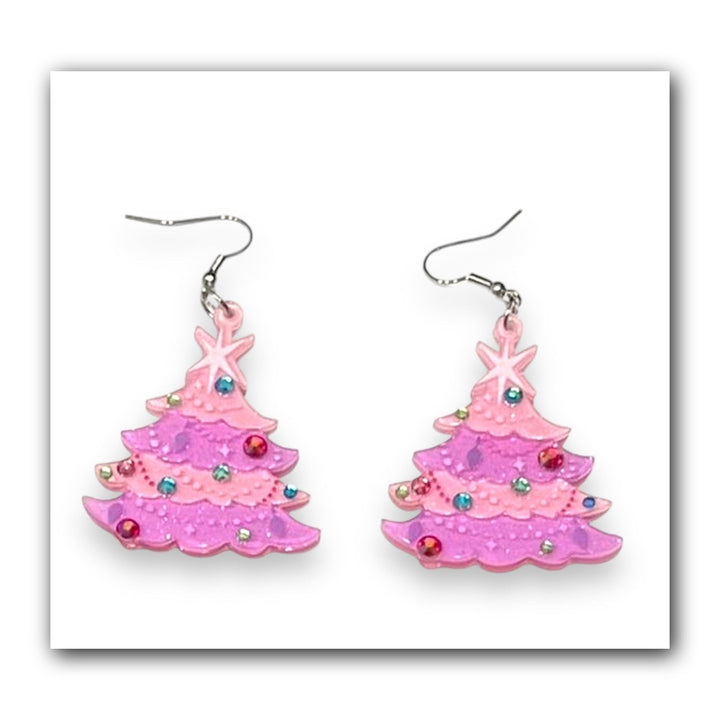 Oh Pinkmas Tree Earrings by Miss Fluff x Lipstick & Chrome — Pink Christmas Tree Drop Earrings