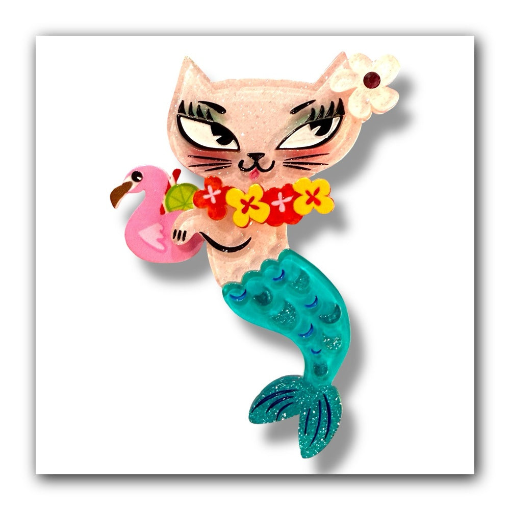 Tiki Merkitty Brooch by Miss Fluff x Lipstick & Chrome — Vintage Tiki Mermaid Cat Acrylic Pin