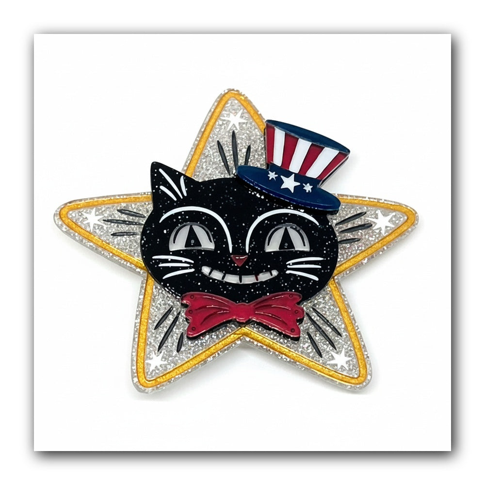 Hiss Bang Pop Brooch by Johanna Parker x Lipstick & Chrome — Folk Art Fireworks Acrylic Cat Pin