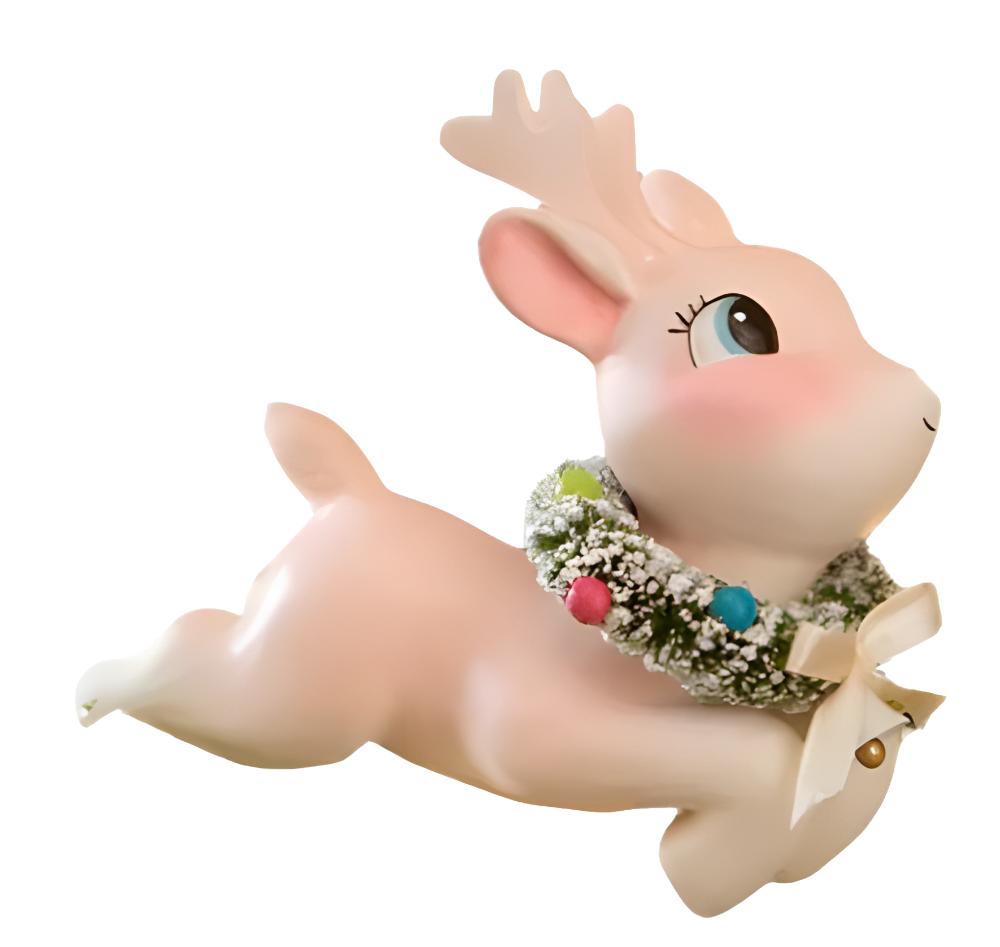 leaping reindeer figure with a wreath on a pink reindeer pinkmas bethany lowe