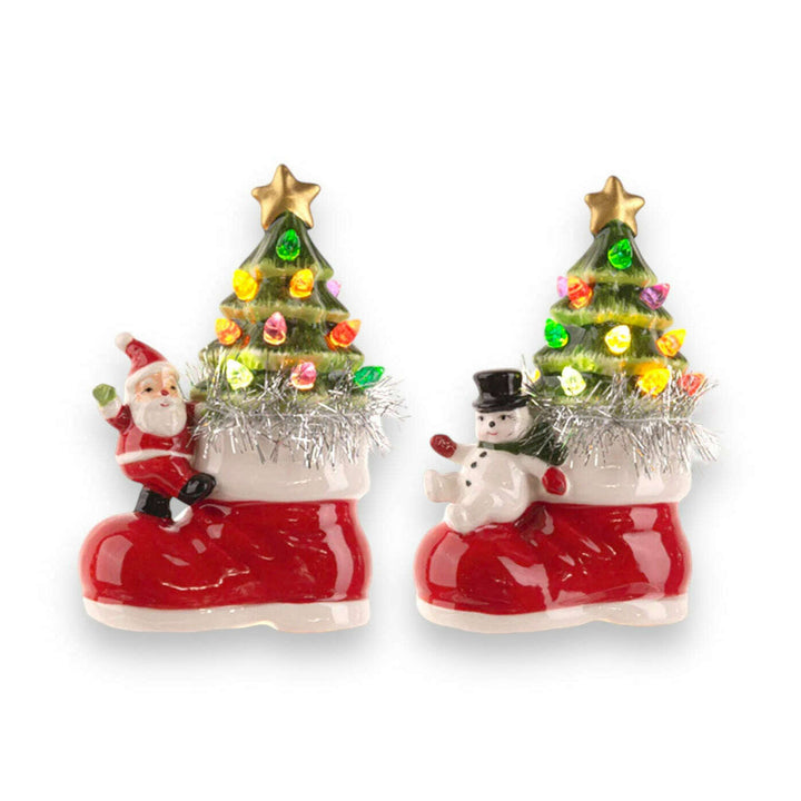 Light Up Ceramic Santa w/Tree in Boot Figurine