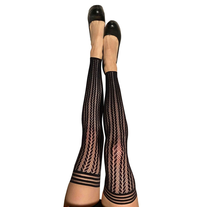 Lindsay: Foot Loose & Fancy Free, Footless Black Stripe Fishnet Thigh Highs. Petite to Plus Size