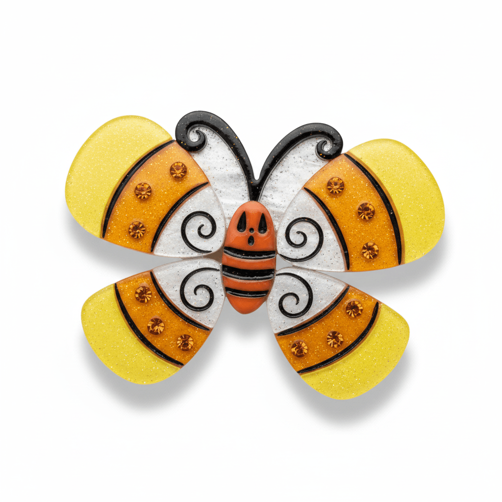 johanna parker candy corn butterfly acrylic brooch lipstick and chrome