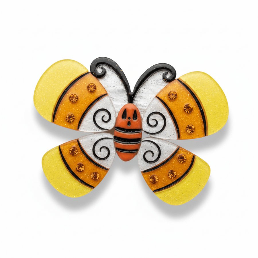 johanna parker candy corn butterfly acrylic brooch lipstick and chrome