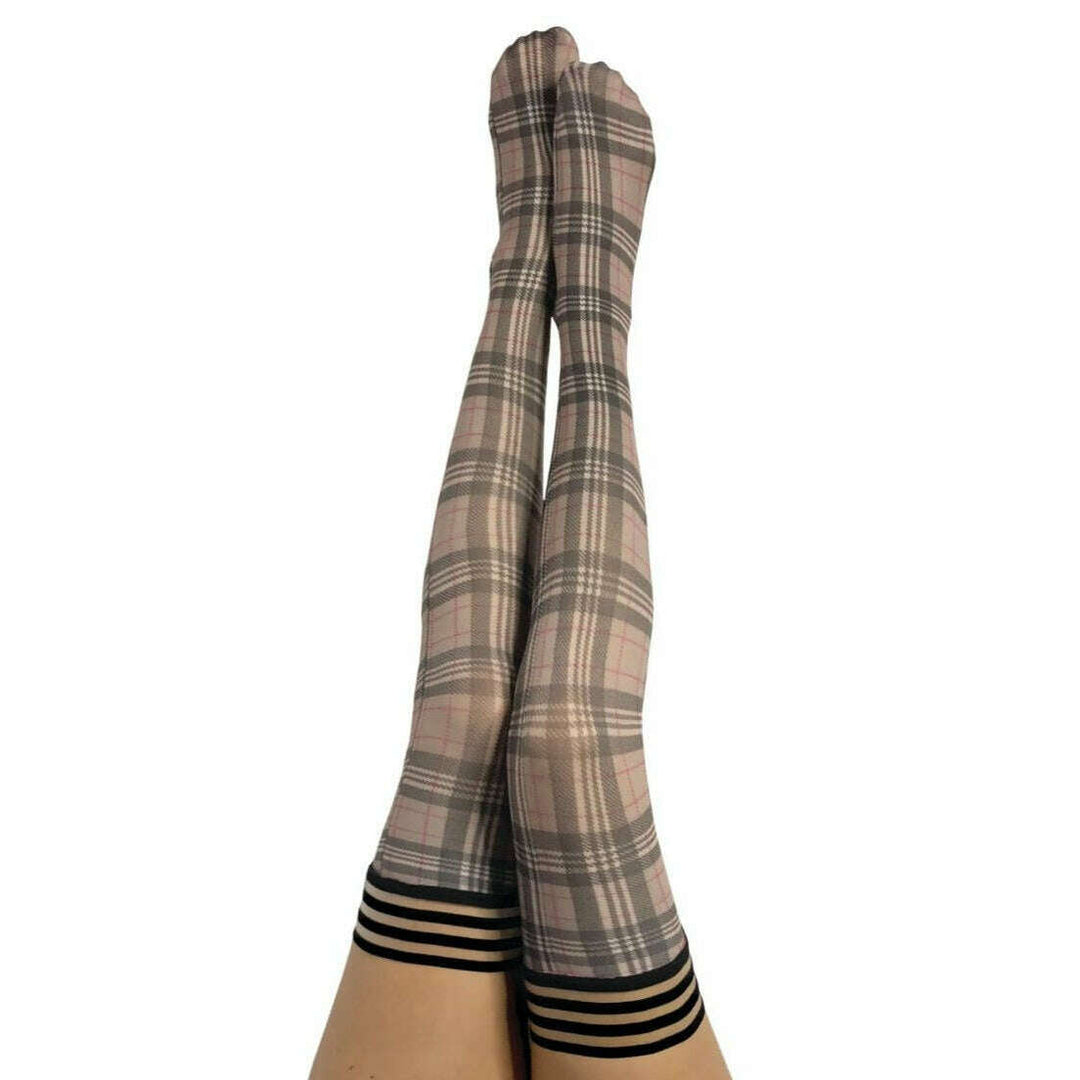 Lori: From Backroads to Boardrooms, Tan/Black Plaid Thigh Highs. Petite to Plus Size