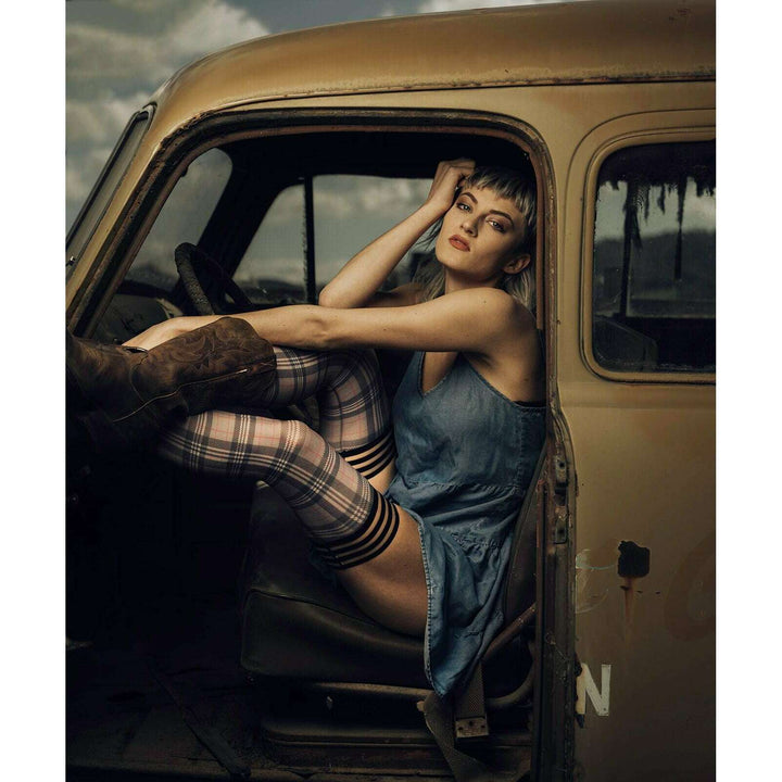 Lori: From Backroads to Boardrooms, Tan/Black Plaid Thigh Highs. Petite to Plus Size