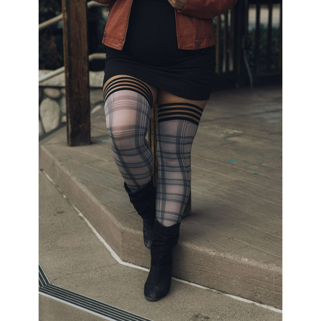 Lori: From Backroads to Boardrooms, Tan/Black Plaid Thigh Highs. Petite to Plus Size
