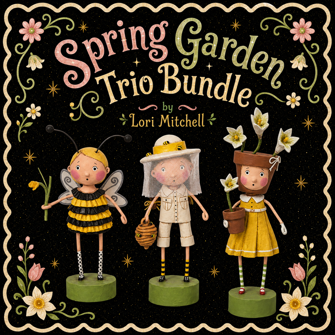 spring Garden Trio Bundle by Lori Mitchell, showing three whimsical children's characters in bee, gardener, and flower-carrying outfits on green pedestals against a black background with decorative floral borders and the title text.