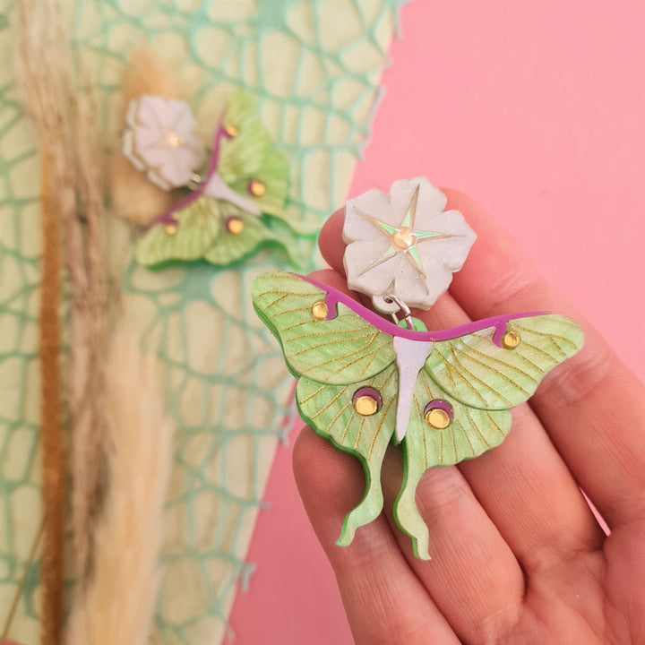 Luna Moth And Moonflower Earrings by Cherryloco Jewellery 1