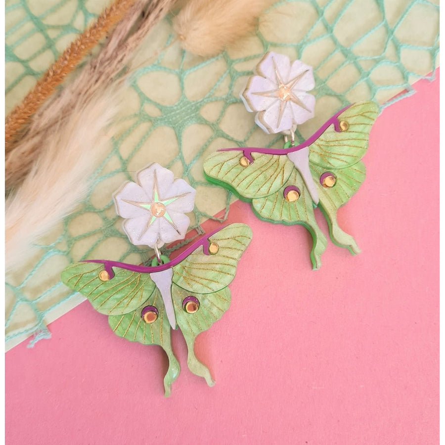Luna Moth And Moonflower Earrings by Cherryloco Jewellery