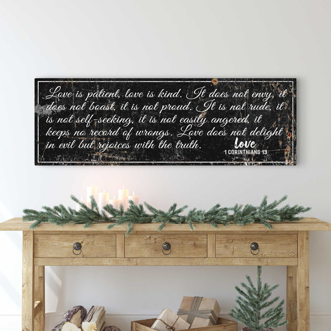 1 Corinthians 13: 'Love Is Patient' - Rustic Christian Wall Art, Religious Decor for Living Room