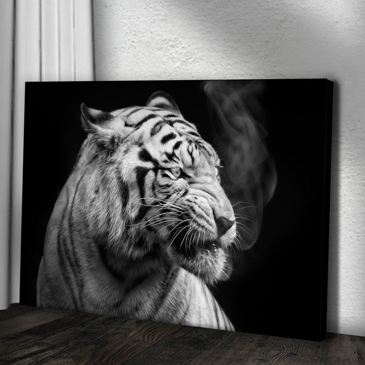 Black And White Smoking Tiger Canvas Wall Art