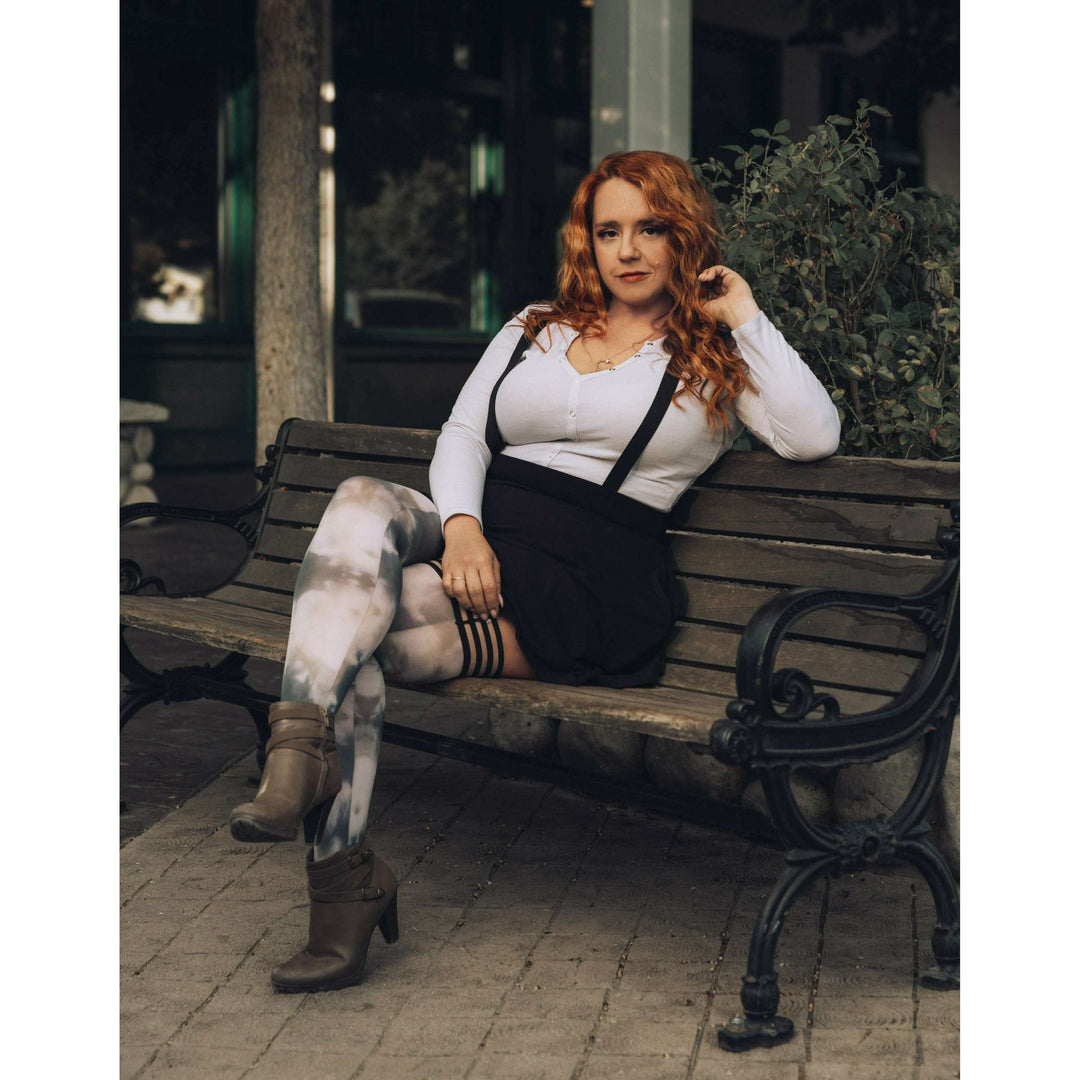 MacKenzie: Black and White Tie Dye Thigh Highs. Petite to Plus Size