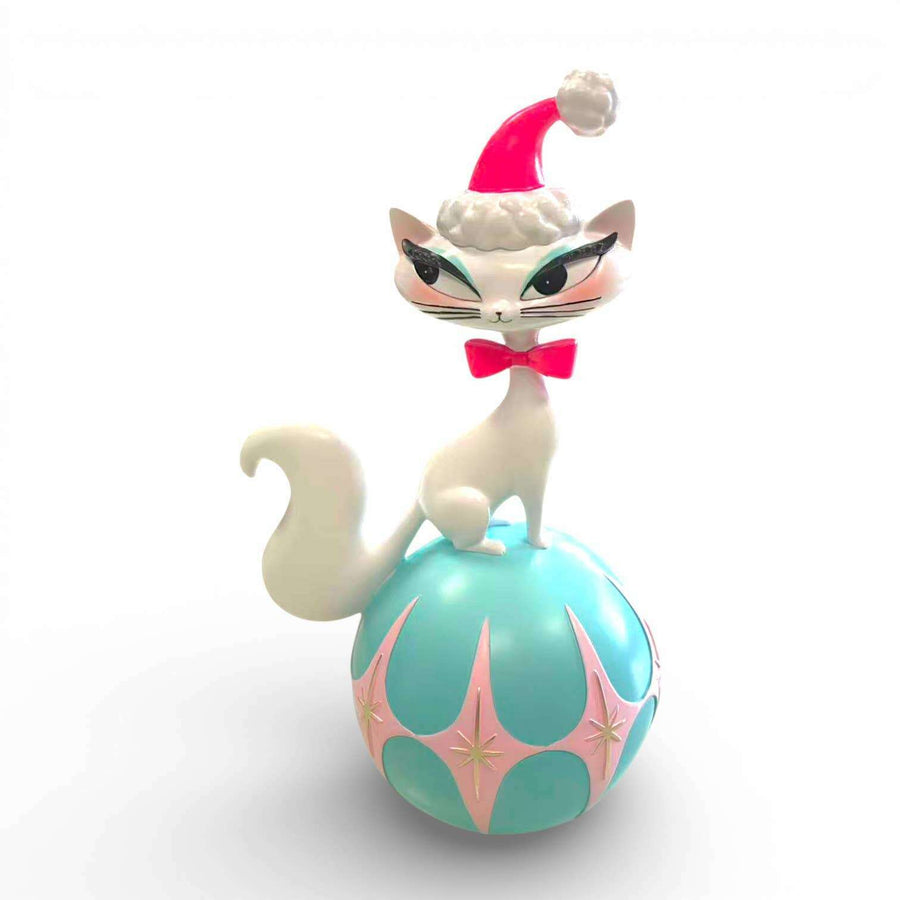 12 inch Retro White Cat on Ball figurine by Miss Fluff for December Diamonds, vintage holiday collectible